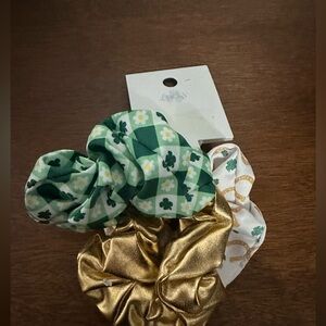 St. Patrick’s Scrunchies 3 pack hair ties gold, clovers, horse shoes, flowers